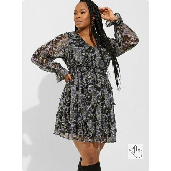NWOT TORRID Mini Lurex Chiffon Sheer Tiered Dress Womens 00 (10) Dark Fairy - Picture 1 of 12